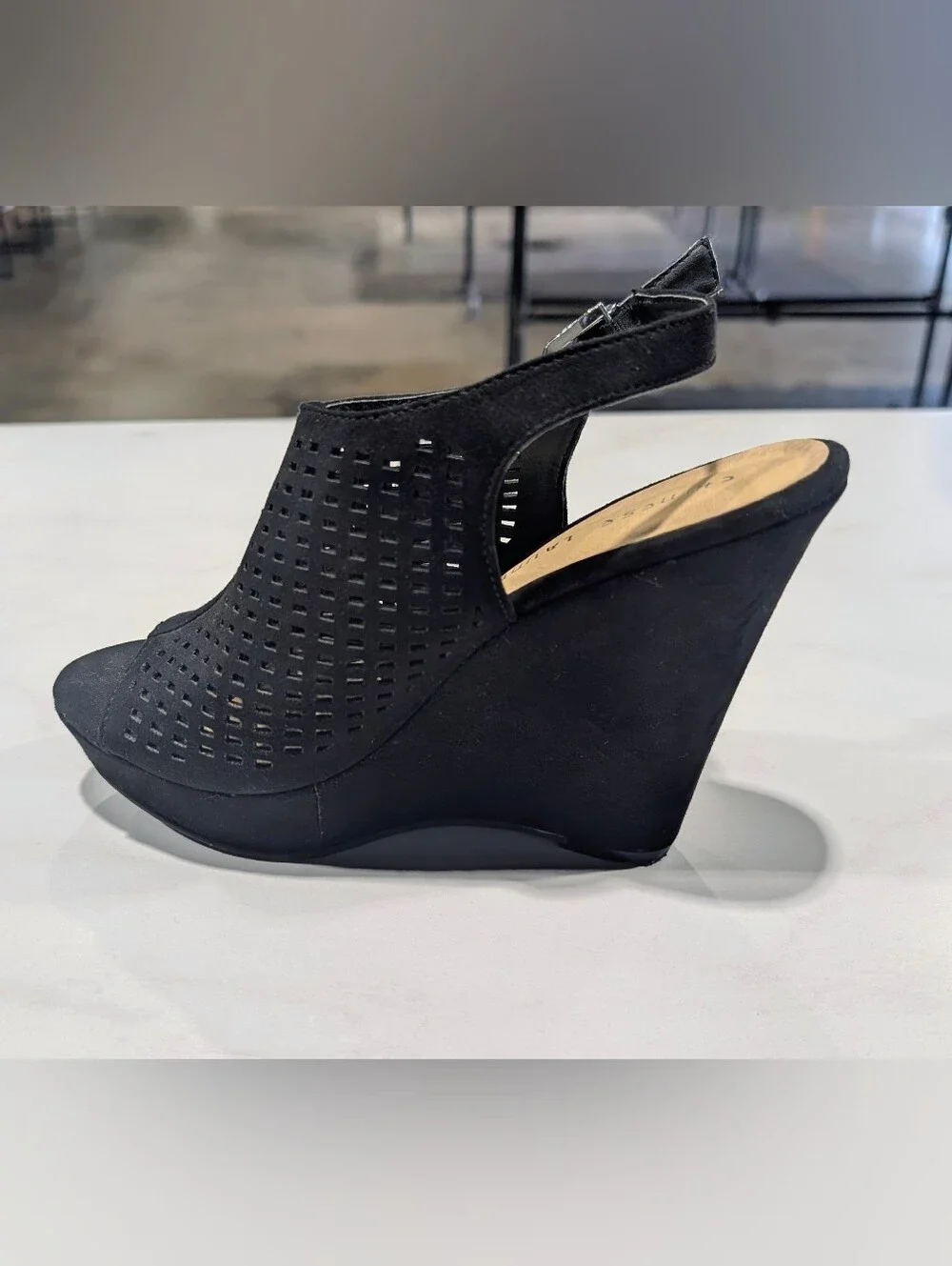 Chinese Laundry Black Perforated Peep-Toe Wedge Sandal